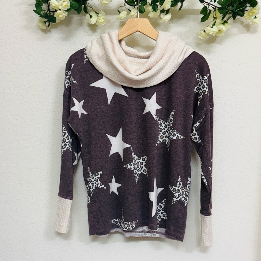 Live Well Lounge • Mauve Purple Leopard Star Cowl Neck Sweater Top Cozy Boho